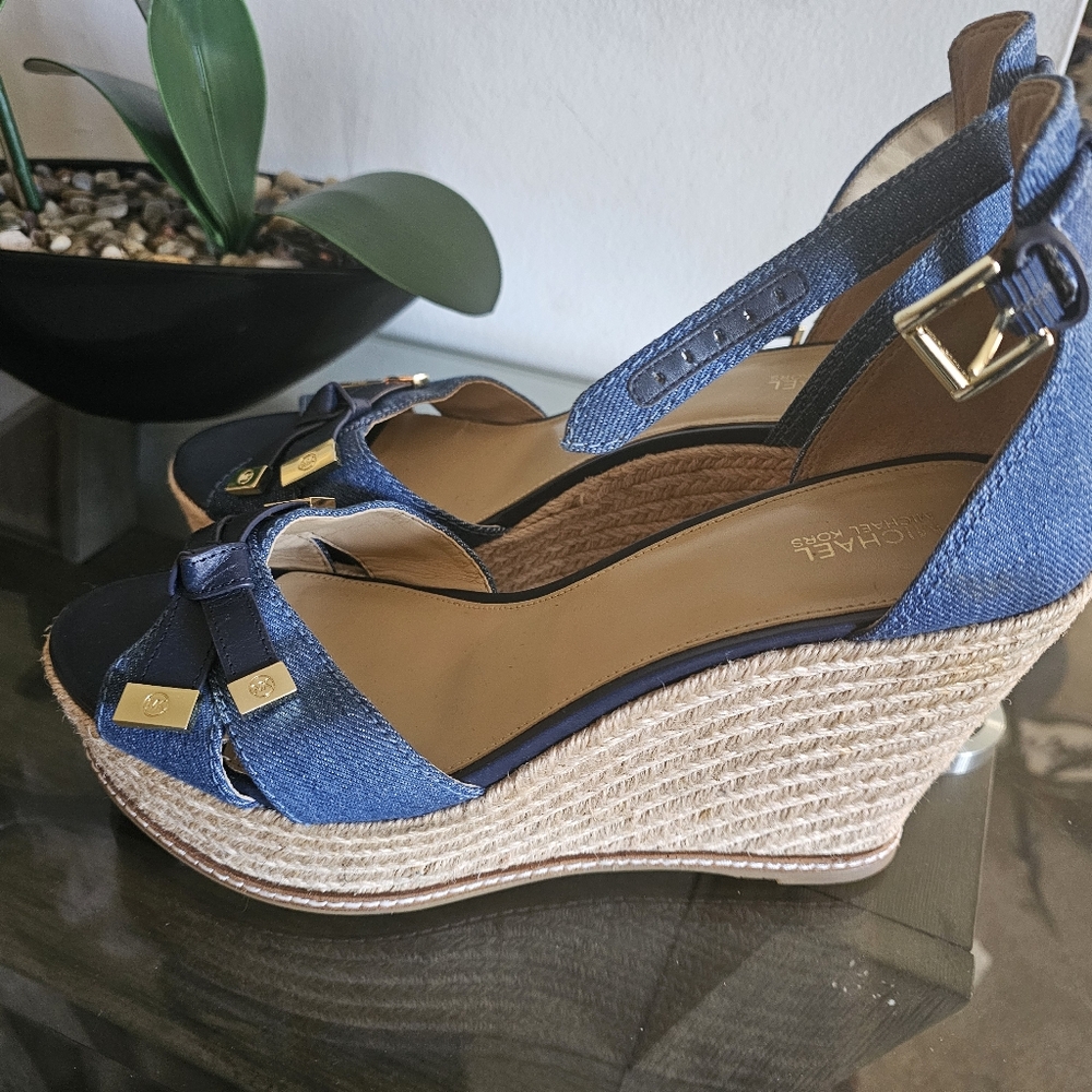Michael Kors Ripley Wedge Espadrille Sandals Leather Gold or Denim